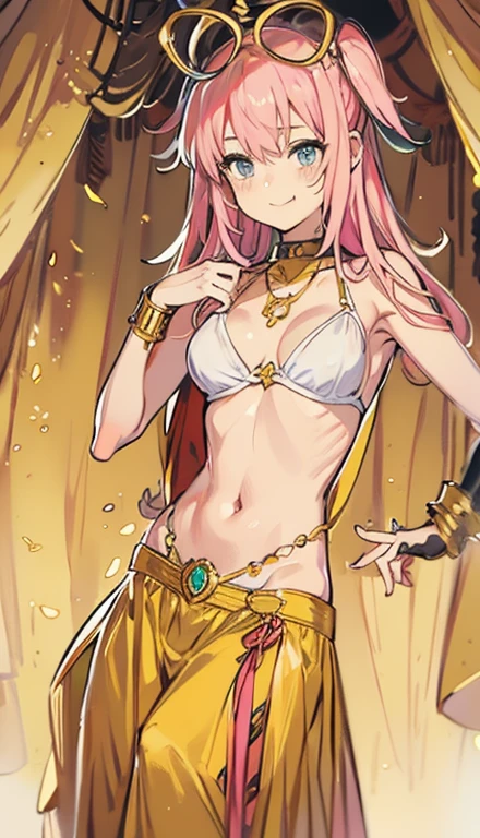 A smug narcissistic pink haired woman wearing a golden bra and golden pants and lots of jewelry flaunting herself