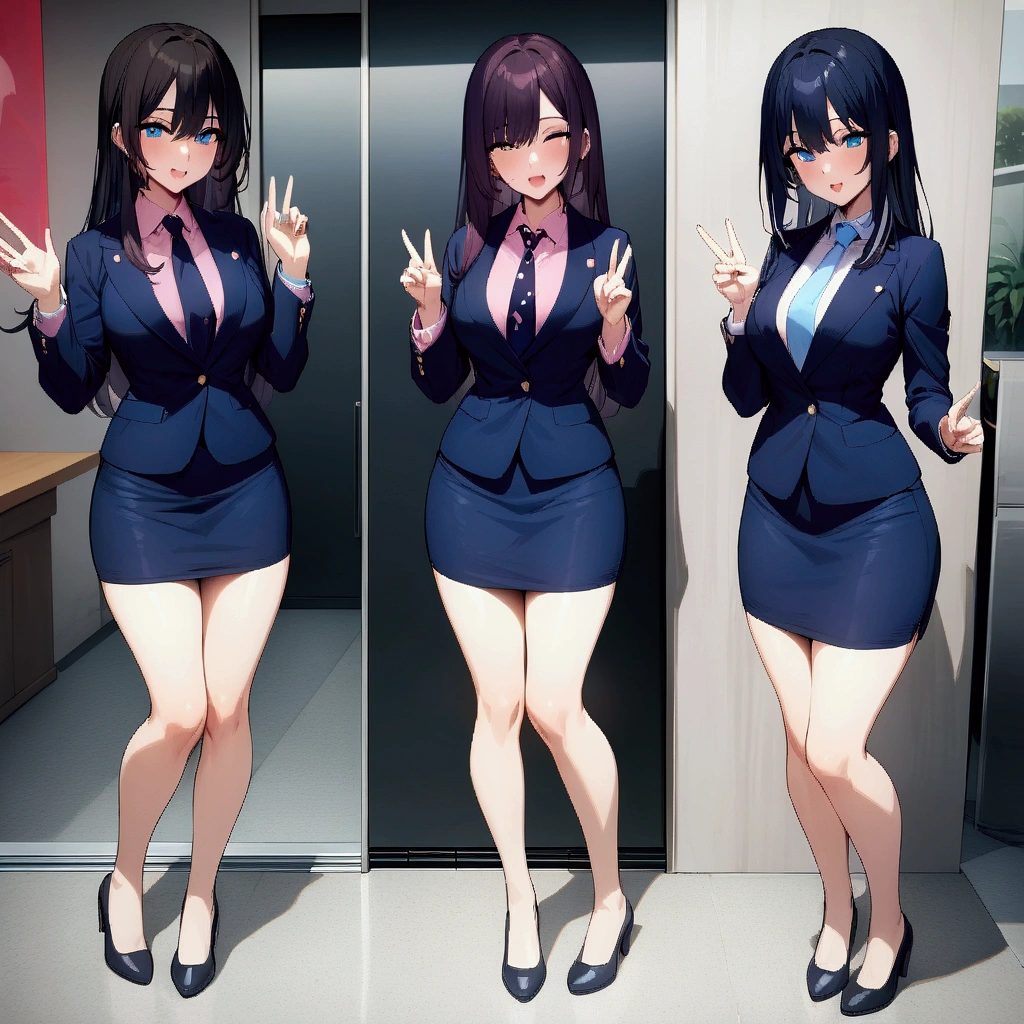 figurine of pretty student girl, (black long hair girl), (wearing navy-blue blazer, pink shirt with navy-blue tie, navy-blue pencil skirt, black heel cutshoe), (3girls, full body), (masterpiece, best quality), (navy-blue blazer, pink shirt with navy-blue tie, navy-blue pencil skirt, black heel cutshoe)