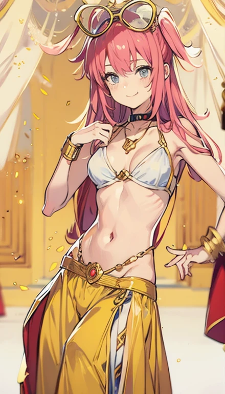 A smug narcissistic pink haired woman wearing a golden bra and golden pants and lots of jewelry flaunting herself
