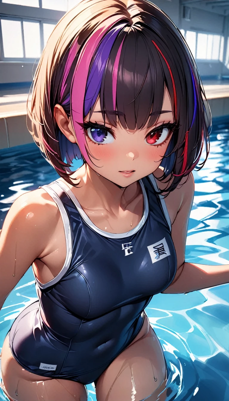 (highest quality:1.2, Very detailed, up to date, Vibrant, Ultra-high resolution, High Contrast, masterpiece:1.2, highest quality, Best aesthetics), Portraiture、girl、solo, (25-years-old:1), slim, , heterrochromia, green eye, red eye, Bright colors、Beautiful fine details、Beautiful lip detail、extra short hair, ((bob cut:1.5))、pink and purple, ((streaked hair:1.9)), (highlights hair: 1.6), (small breast:0.7), wearing school swimsuit, swimming, school pool,cowboy shot:1,