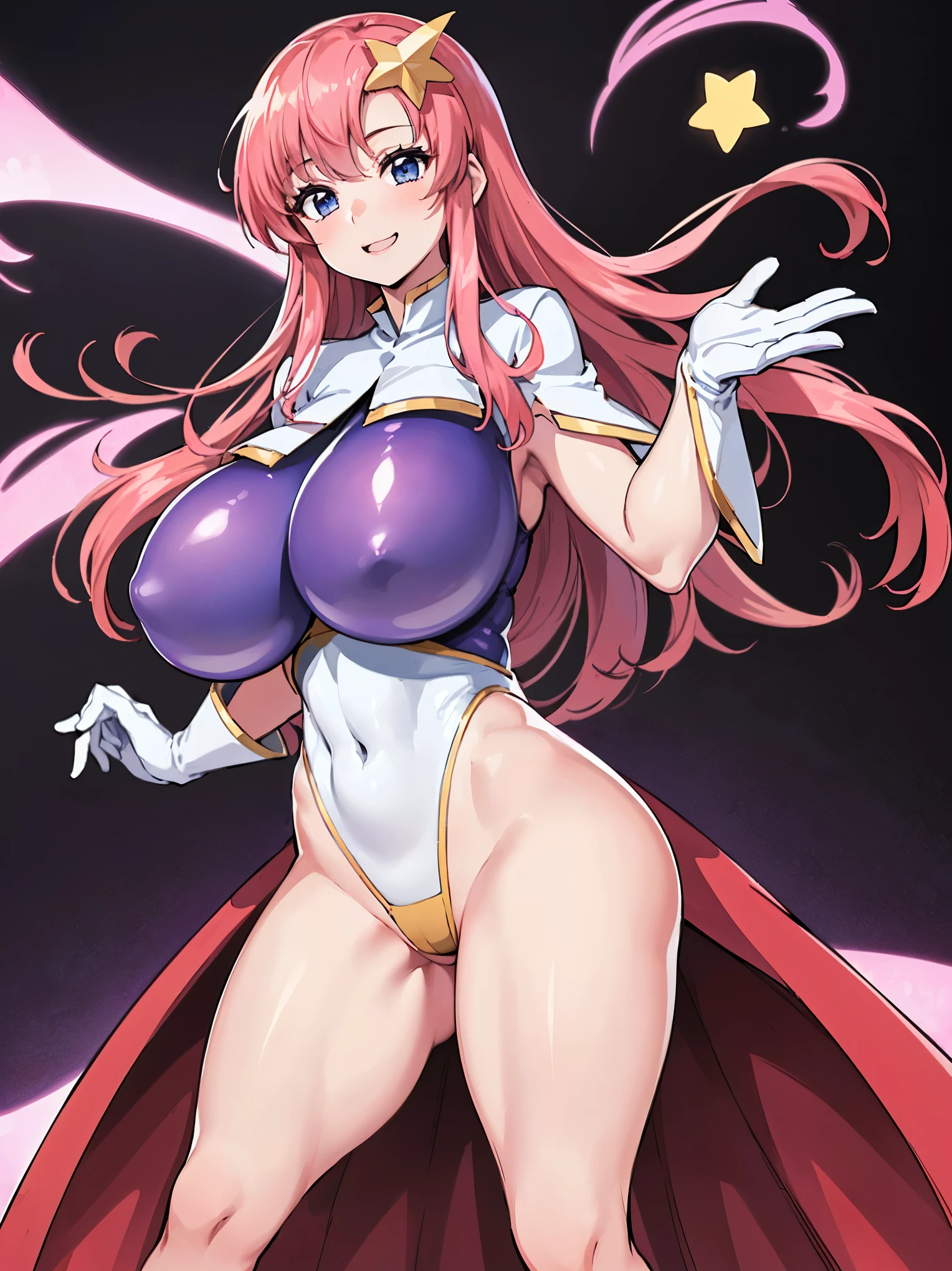 (masterpiece)、(Highest image quality)、(Super detailed)、(extremely detailed)、4K、(8K)、Highest image quality、(beautiful)、
more campbell, 1 _girl, star hair ornaments, hair ornaments, pink hair, long hair, gloves, Leotard Purple leotard, white leotard, leotard that bites、(gigantic_tits:1.2)、thick thighs、,light smile、dynamic pose、gravure、dynamic angle、noise removal、emphasis on crotch、chest enhancement,open_legs