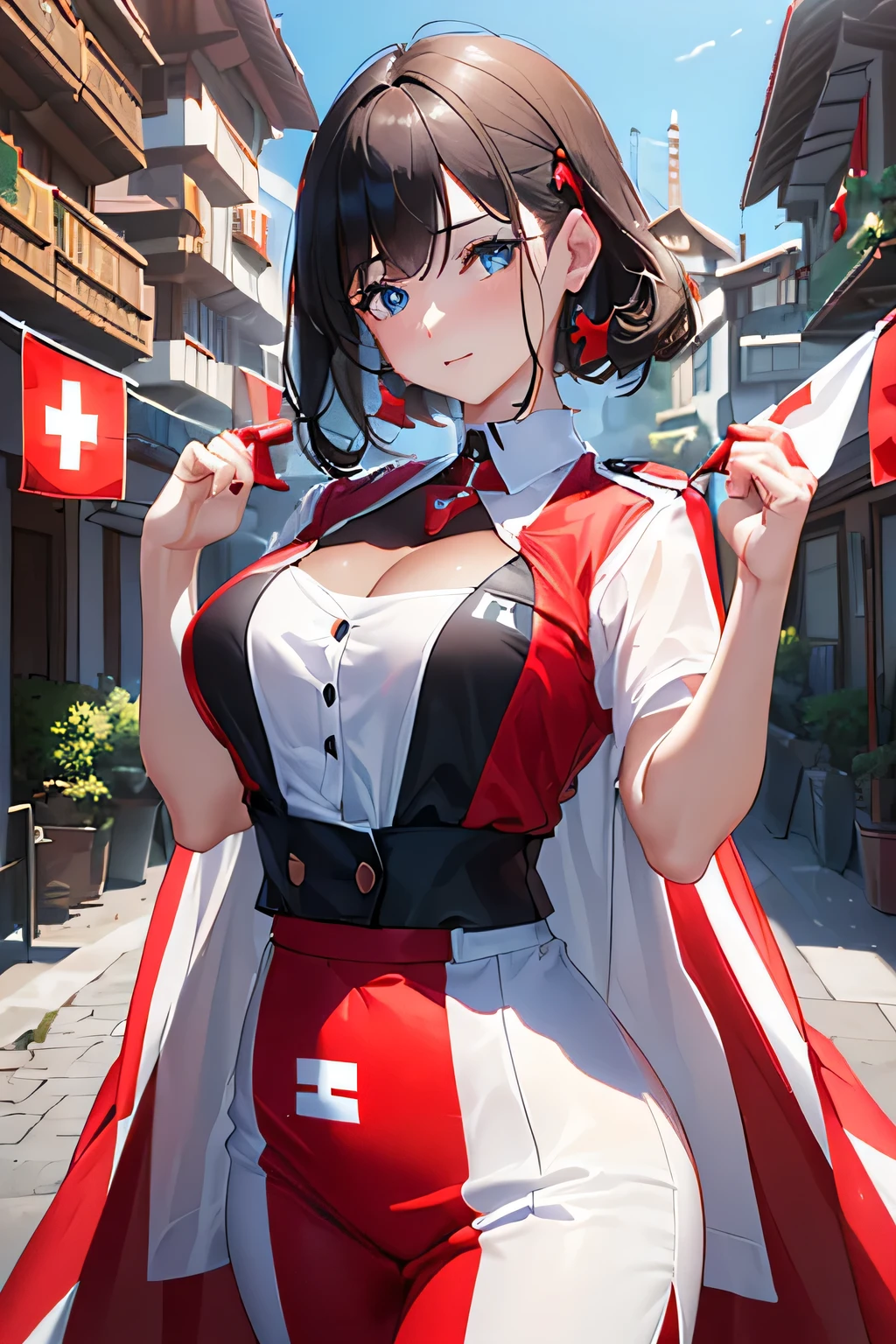 (((Outfit inspired by the Swiss flag:1.3))),(((Woman in men's clothing:1.3))),(masterpiece,Highest quality,Ultra-high resolution output images,Write boundary depth,Intricate details,Adding dimension to your subject with the contrast of light and shadow,Anatomically correct facial structure),(Picture Mode Ultra HD,)