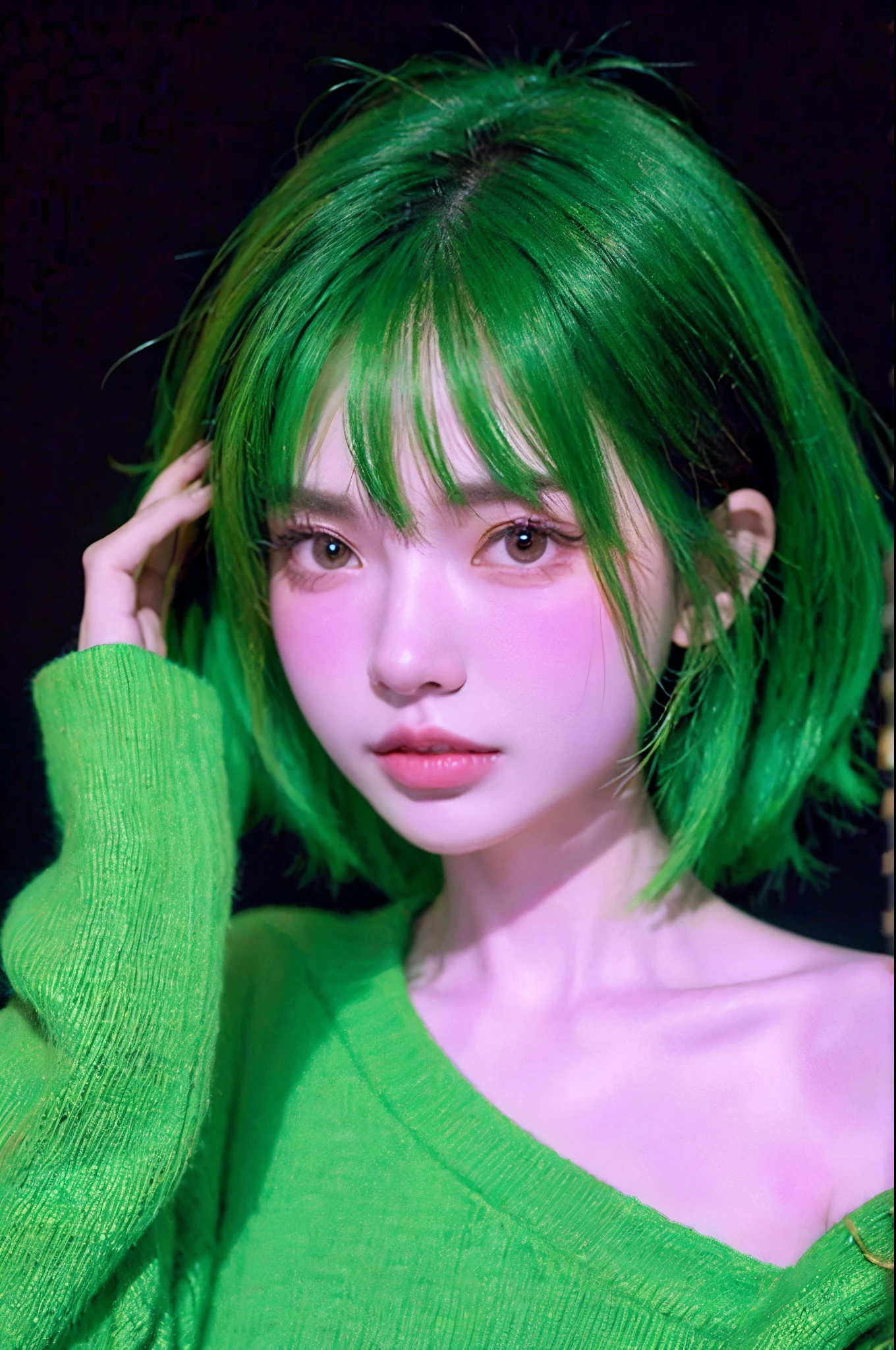 nokiapretty, sweather, black background, greenhair, hugingdarkbear