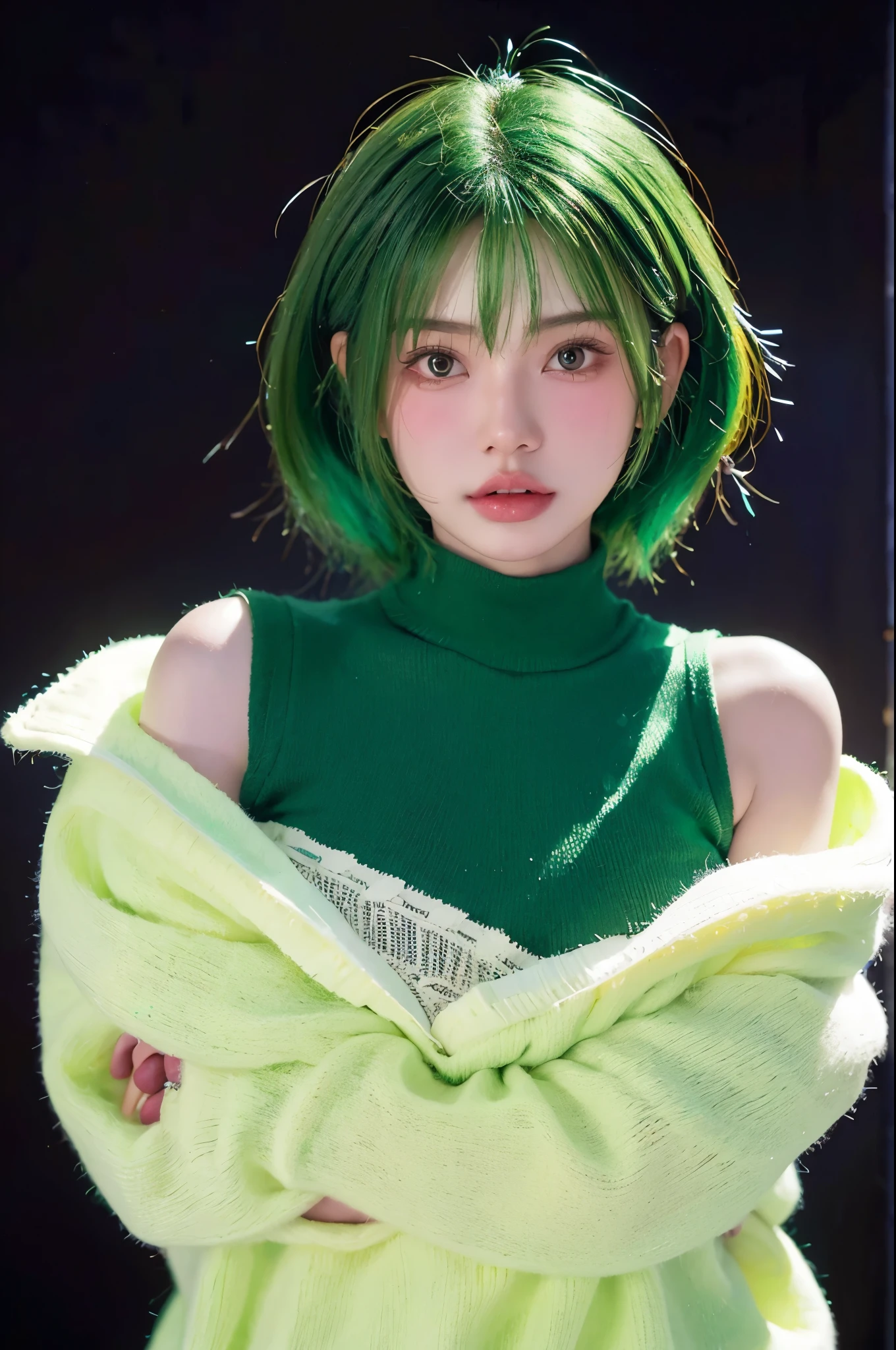 nokiapretty, sweather, black background, greenhair, hugingdarkbear