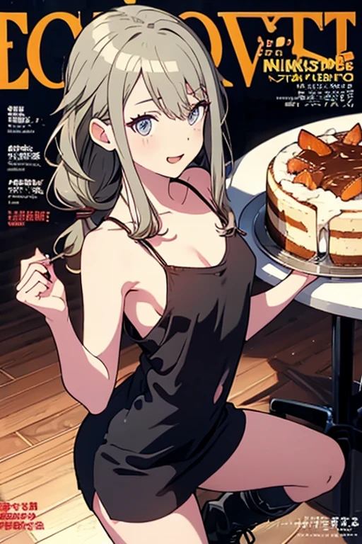 (small breasts:1.2), (perky chest:1.2), (pointed chest:1.2), (Pudding cake magazine cover:1.3),(from above:1.0),(shoot from the side:1.1),masterpiece, 1girl, Amazing Cleavage:1.1, thin waist, optimum,tmasterpiece,hight resolution,best qualtiy,hyper HD,super detailing,awardwinning,a 18yo cute girl,(The upper part of the body),anatomy correct,Beautiful Black miniskirt,garters,Gaze,Small face,bangss,holster,Beautuful Women,hands up,leg holster,Gaze,black boots,Cowboy Shot,cute face,a blond,Longhaire,Twin-tailed,Braids, Hairline,(scarlet eyes),long eyelasher,Hanging eye corners,White skin of the, ((see through camisole:1.1)), ((Sheer nipples:1.0)),Rocket Tits,(Slim body),smile,seductive weak smiling,(with sparkling eyes and a contagious smile),little open mouth, Looking at Viewer,