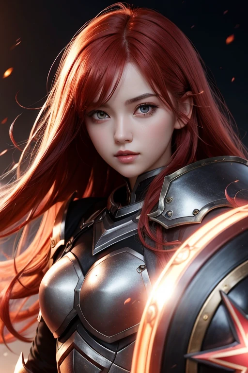 1 girl, star eye, blush, perfect lighting, Red hair, Eyes red, engine unreal, side lighting, face detailed, bangss, shining skin, simple background, darkness background, armour, elsword, shield , warrioress, flegs,