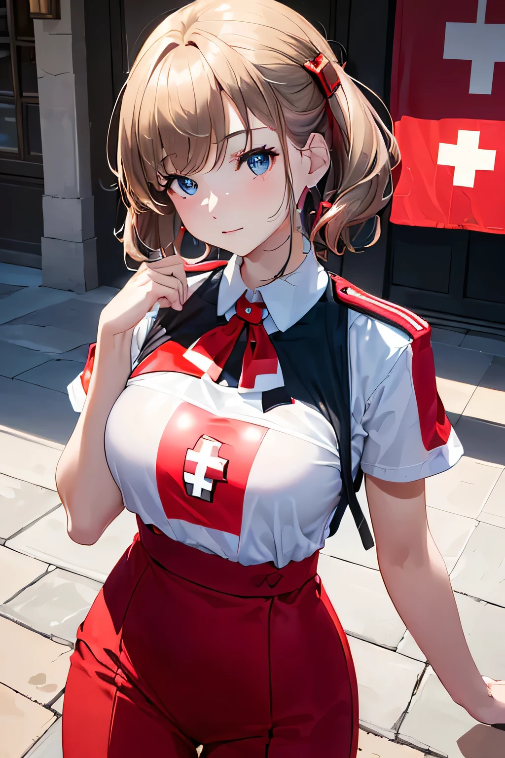(((Outfit inspired by the Swiss flag:1.3))),(((Woman in men's clothing:1.3))),(masterpiece,Highest quality,Ultra-high resolution output images,Write boundary depth,Intricate details,Adding dimension to your subject with the contrast of light and shadow,Anatomically correct facial structure),(Picture Mode Ultra HD,)