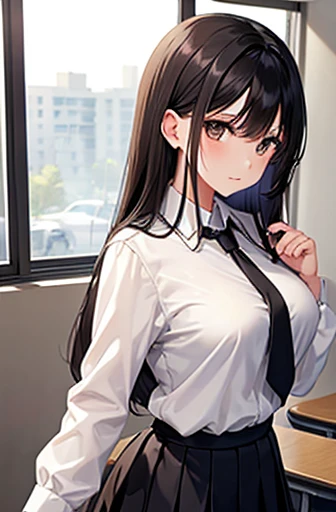 Highest quality, High resolution,thin、Brown eyes、expensive、Long black hair、Shortcuts,School、classroom、uniform、White blouse、22 years old、Swinging Hair、(Parted bangs:1.2)、Grey tie、Large Breasts
