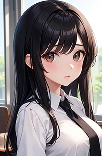 Highest quality, High resolution,thin、Brown eyes、expensive、Long black hair、Shortcuts,School、classroom、uniform、White blouse、22 years old、Swinging Hair、(Parted bangs:1.2)、Grey tie、Large Breasts