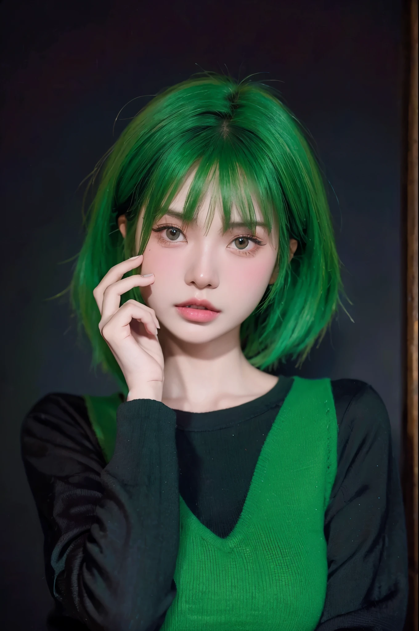 nokiapretty, sweather, black background, greenhair, hugingdarkbear
