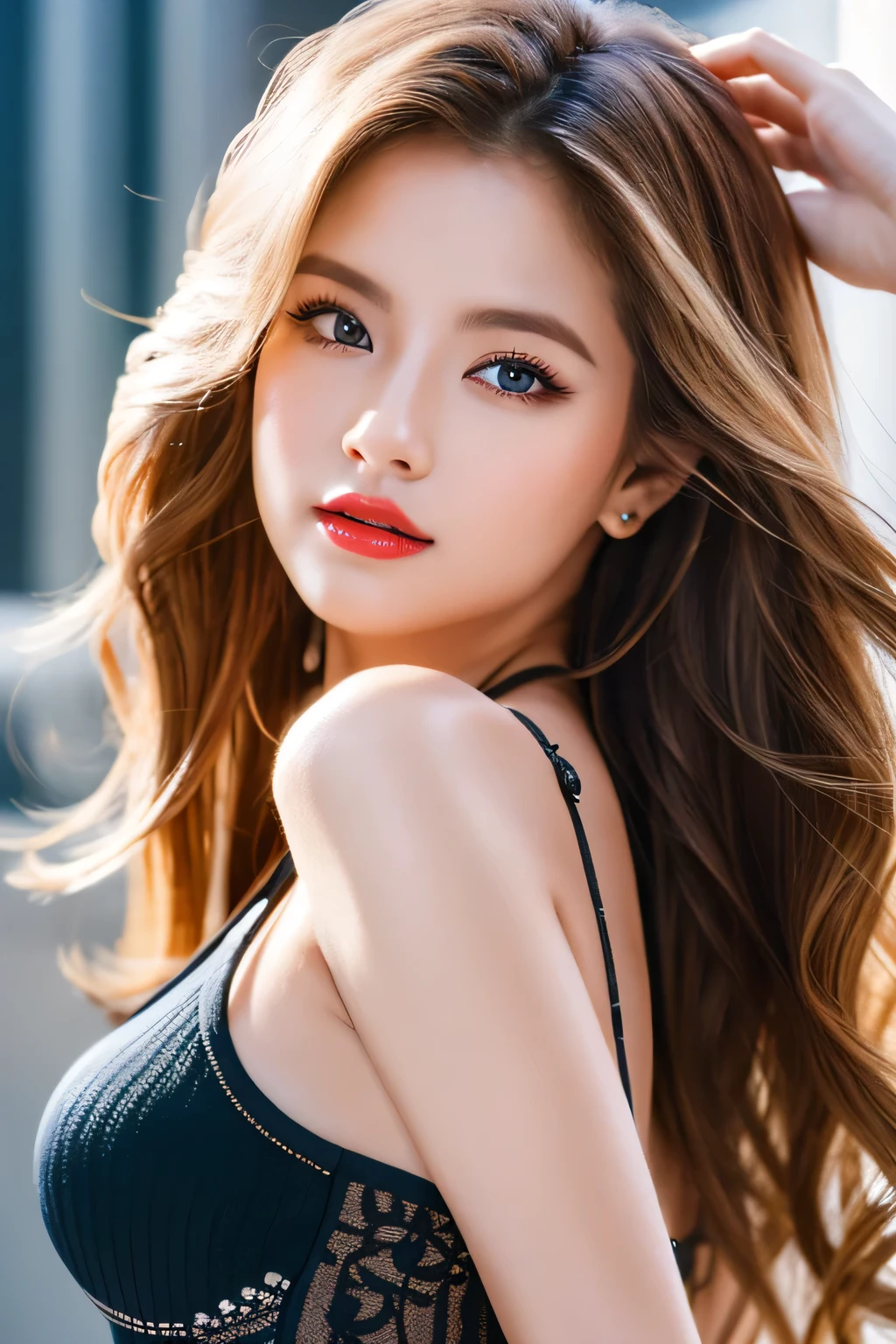 An unparalleled masterpiece, Ultra-realistic 8K CG, Perfect artwork, ((Image of a perfect woman)), Mature Woman, Tight waist, charm, clean, Beautiful Face, {Very delicate and beautiful girl} , 8k wallpaper, {{{masterpiece}} }, 1 girl, bionde, Blue eyes, American Drama「Charlie's Angels」、Long Hair, Red lips,double eyelid、I'Apply mascara、 alone, (Glowing Skin),photo shoot on the beach、Wearing a red bikini、Pose like a model、Gravure photoshoot at the sea、