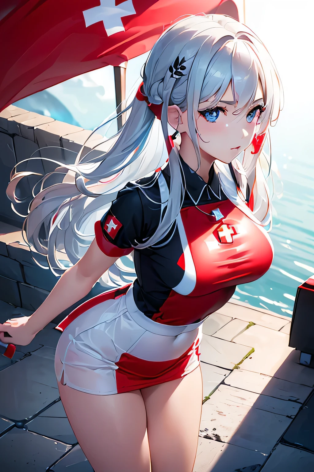 (((Outfit inspired by the Swiss flag:1.3))),(((Woman in men's clothing:1.3))),(masterpiece,Highest quality,Ultra-high resolution output images,Write boundary depth,Intricate details,Adding dimension to your subject with the contrast of light and shadow,Anatomically correct facial structure),(Picture Mode Ultra HD,)