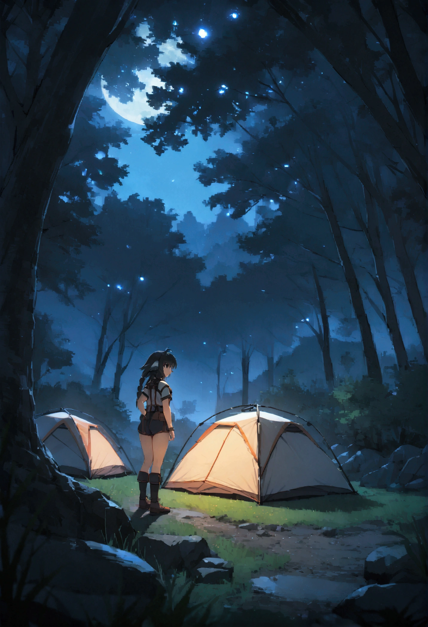 NSFW,masterpiece,Highest quality,High resolution,Very detailed,anju \(utawarerumono\),Combat Uniform,Short sleeve,In the forest at night,campsite