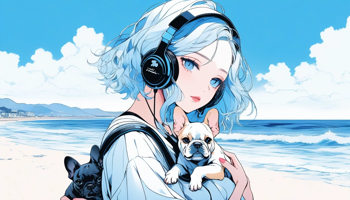 Illustrator, anime , Realistic ,sketch , An adult woman holding a cute bulldog puppy wearing headphones, lip, nail、T-shirt,order,Textured Trim, (masterpiece,Highest quality) Blue background, Neon Hair,Textured Trim, Canadian, (masterpiece,Highest quality) Cancer，Summer landscape、Seaside、Blue sky、white waves、Vision、