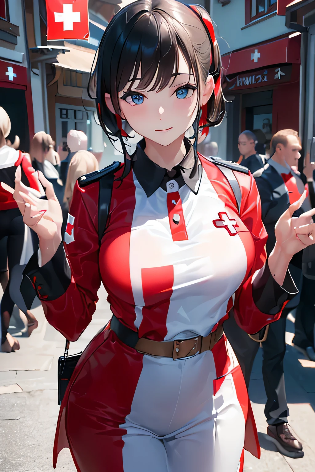 (((Outfit inspired by the Swiss flag:1.3))),(((Woman in men's clothing:1.3))),(masterpiece,Highest quality,Ultra-high resolution output images,Write boundary depth,Intricate details,Adding dimension to your subject with the contrast of light and shadow,Anatomically correct facial structure),(Picture Mode Ultra HD,)