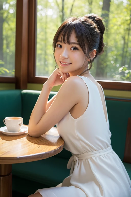 High resolution, masterpiece, Anatomically correct, High detail, High-resolution model, 森の中のOpen Cafeで、Beautiful Japanese woman relaxing alone, Bangs, Low ponytail, Braided Ponytail, Smiling comfortably, An elegant white sleeveless dress, A dress made of thin fabric with a gradation from white to navy blue, Fresh Green Forest, Bright sunlight, The outline of her hair shines in the backlight, The reflection of the table surface provides a moderate lighting effect on the face from below, whole body, Iced tea on the table, Cinematic light effects, A refreshing image of the morning, Woody and clean furnishings, Open Cafe, field, sense of openness, forest, Highest quality, Very detailed, Ultra high definition, Soft Light, Random face orientation, Random pose
