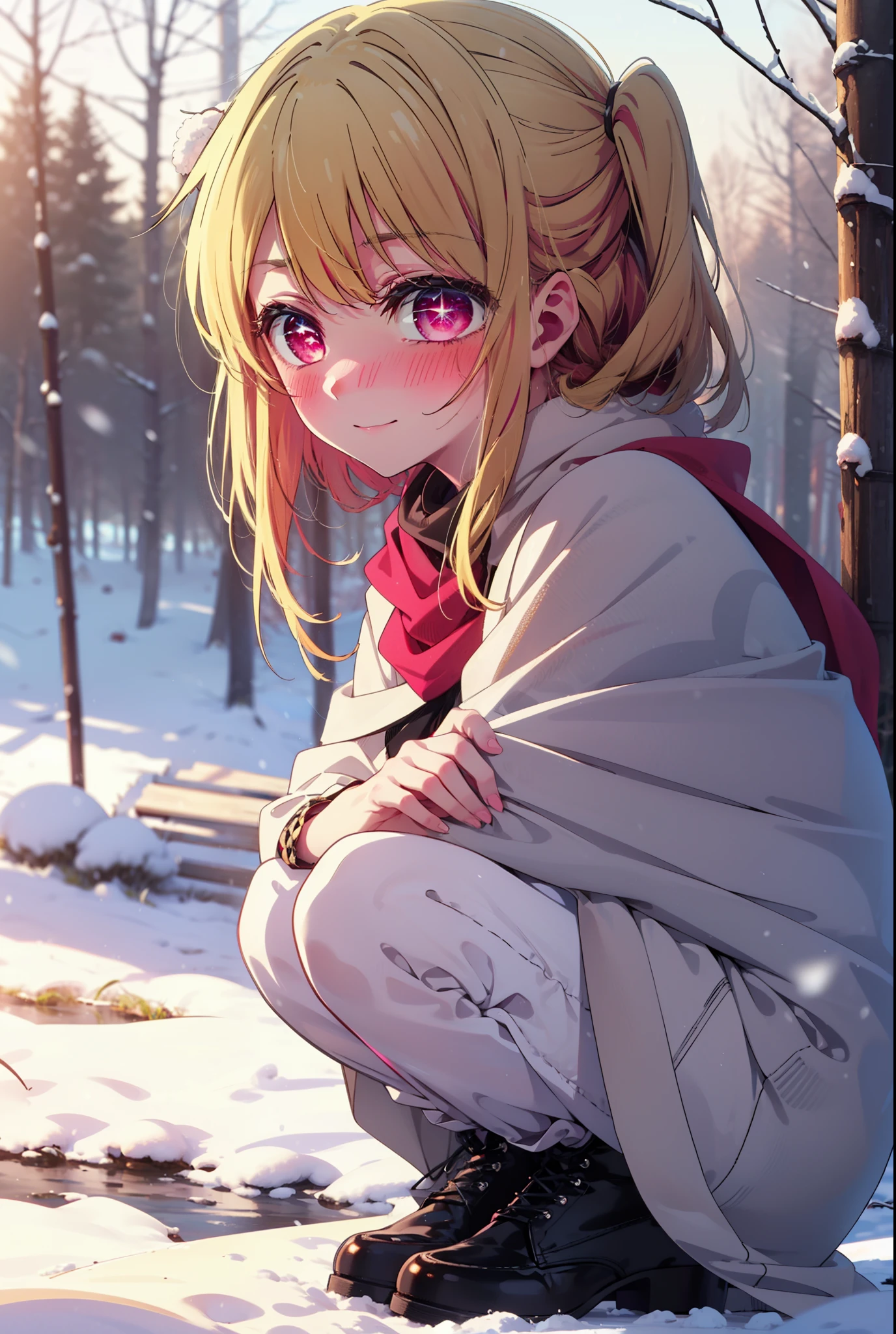 rubyhoshino, Hoshino Ruby, Long Hair, bangs, blonde, (Pink Eyes:1.3), Side Lock, (Symbol-shaped pupil:1.5), Multicolored Hair, Two-tone hair, smile,,smile,blush,white breath,
Open your mouth,snow,Ground bonfire, Outdoor, boots, snowing, From the side, wood, suitcase, Cape, Blurred, , forest, White handbag, nature,  Squat, Mouth closed, Cape, winter, Written boundary depth, Black shoes, red Cape break looking at viewer, Upper Body, whole body, break Outdoor, forest, nature, break (masterpiece:1.2), Highest quality, High resolution, unity 8k wallpaper, (shape:0.8), (Beautiful and beautiful eyes:1.6), Highly detailed face, Perfect lighting, Extremely detailed CG, (Perfect hands, Perfect Anatomy),