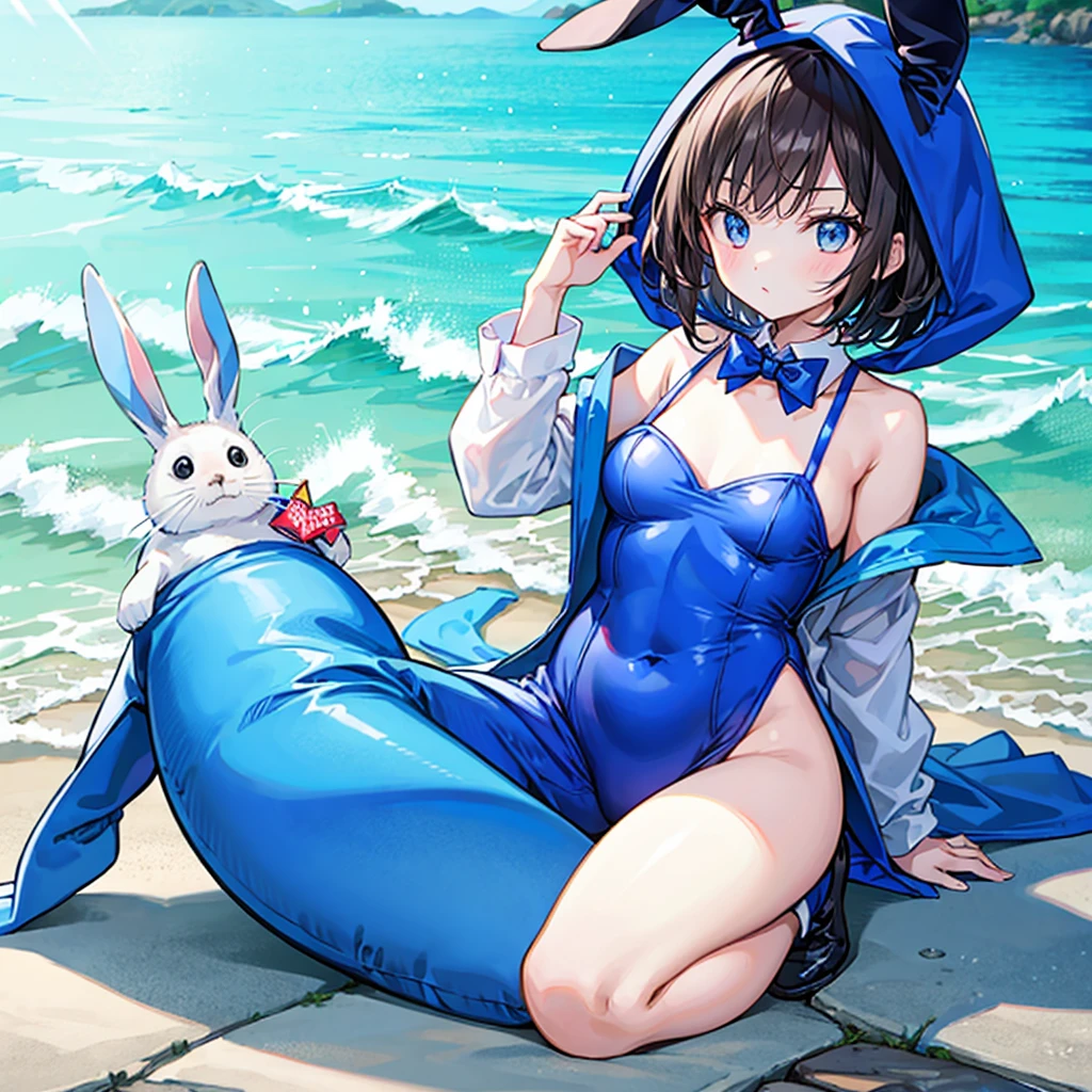 A baby seal is wearing a blue rabbit costume