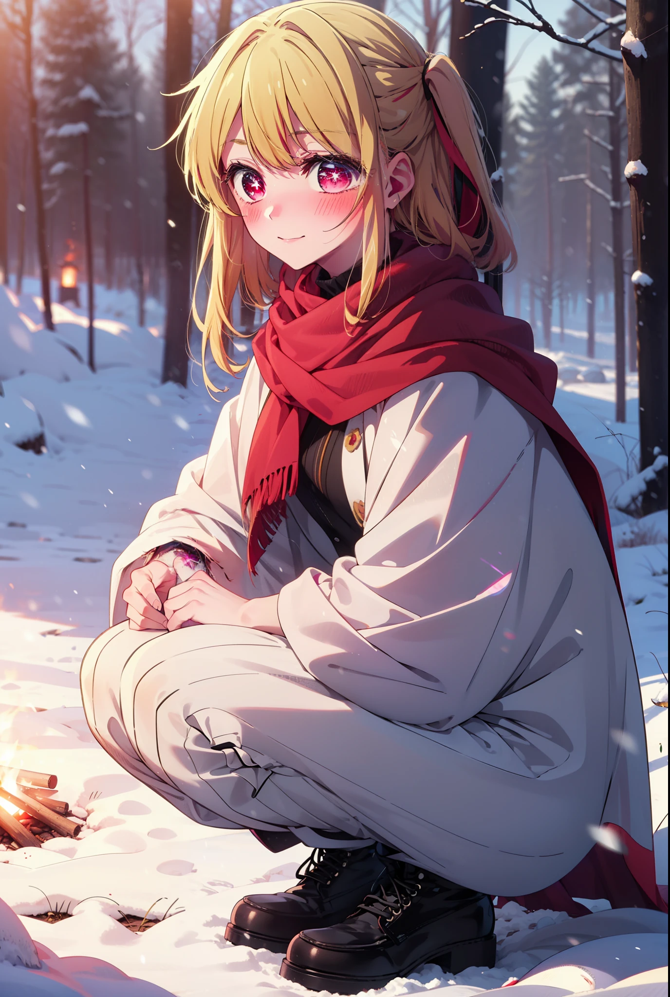 rubyhoshino, Hoshino Ruby, Long Hair, bangs, blonde, (Pink Eyes:1.3), Side Lock, (Symbol-shaped pupil:1.5), Multicolored Hair, Two-tone hair, smile,,smile,blush,white breath,
Open your mouth,snow,Ground bonfire, Outdoor, boots, snowing, From the side, wood, suitcase, Cape, Blurred, , forest, White handbag, nature, Squat, Mouth closed, Cape, winter, Written boundary depth, Black shoes, red Cape break looking at viewer, Upper Body, whole body, break Outdoor, forest, nature, break (masterpiece:1.2), Highest quality, High resolution, unity 8k wallpaper, (shape:0.8), (Beautiful and beautiful eyes:1.6), Highly detailed face, Perfect lighting, Extremely detailed CG, (Perfect hands, Perfect Anatomy),