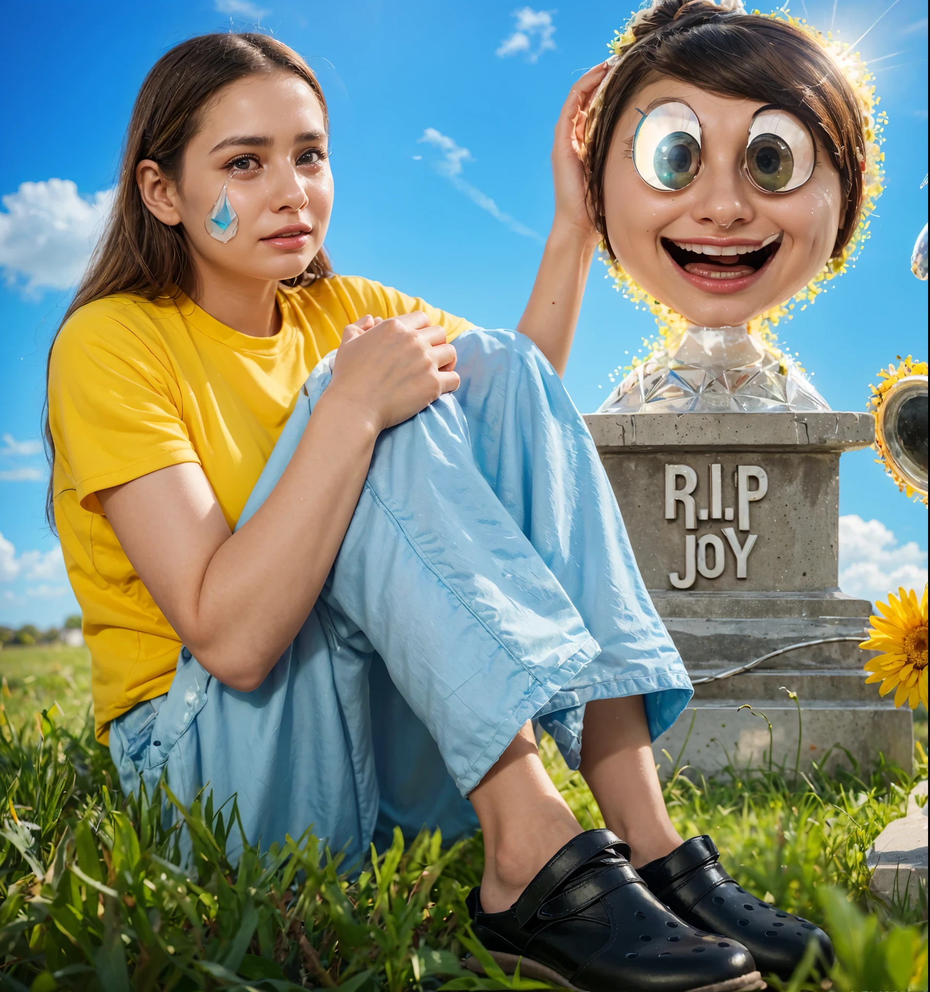 In this evocative image, a young woman, tears evident on her face, sits somberly beside the animated monument of Joy from "Inside Out." The setting is vivid and bright, with a lush green field and a clear blue sky forming a stark contrast to her sorrowful expression. The monument beside her, marked with "R.I.P Joy," features Joy's character smiling broadly, adding a poignant juxtaposition between the woman's grief and the monument's cheerfulness. This powerful imagery symbolizes the complex interplay of emotions within us, highlighting the struggle to find joy amidst personal sorrow.___vibrant contrast to his attire and accessories.аffects render, (glossy plastic texture with multiple big light probe refractions), perfect cgi, smooth silhouette, high intensity refraction, (super glossy plastic material), most beautiful vfx, , realistic, 4k, high resolution, rim light, smooth 3d model, multiple light sources, rim light, sharp post effects render,, realistic, 4k, high resolution, rim light detailed digital art, reflective, best quality, 4k, masterpiece:1.2, ultra-detailed, realistic, vivid colors, The image of the highest quality, ensuring every detail showcased perfectly. It in 4k resolution, allowing viewers to immerse themselves in the richness of the colors and intricate details. The realistic rendering. under the spotlight, reflecting, high-resolution image, realistic rendering