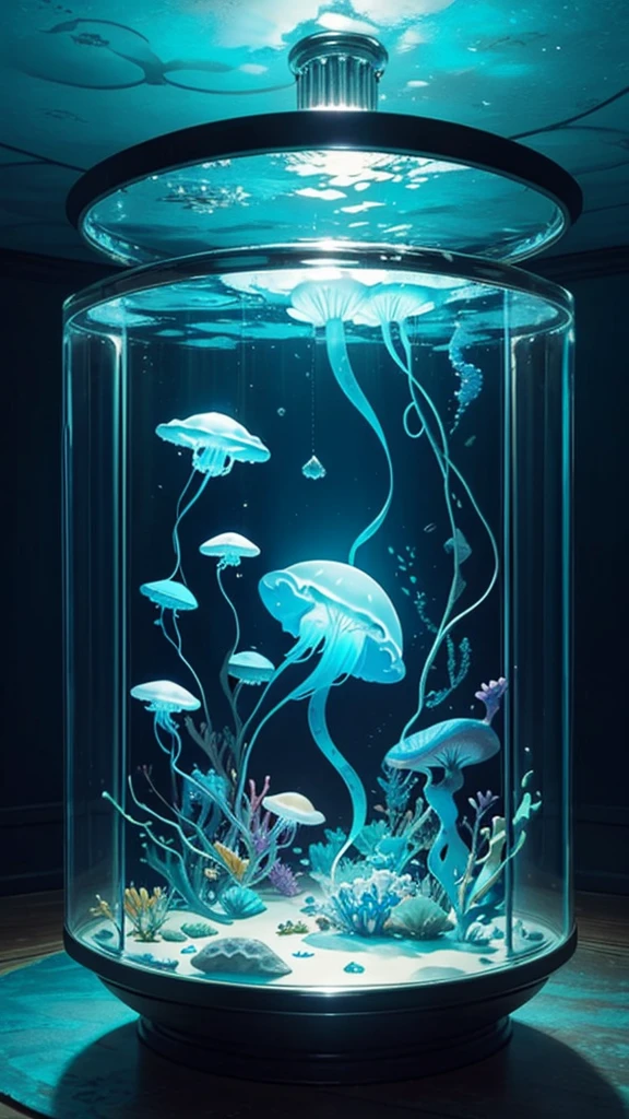 Room under the sea、From inside the room you can see mysterious jellyfish and other sea creatures.、The Underwater World、A room made of transparent materials、dim、The glow of the jellyfish creates a fantastical atmosphere、Fantasy、In the sea、Light shines in