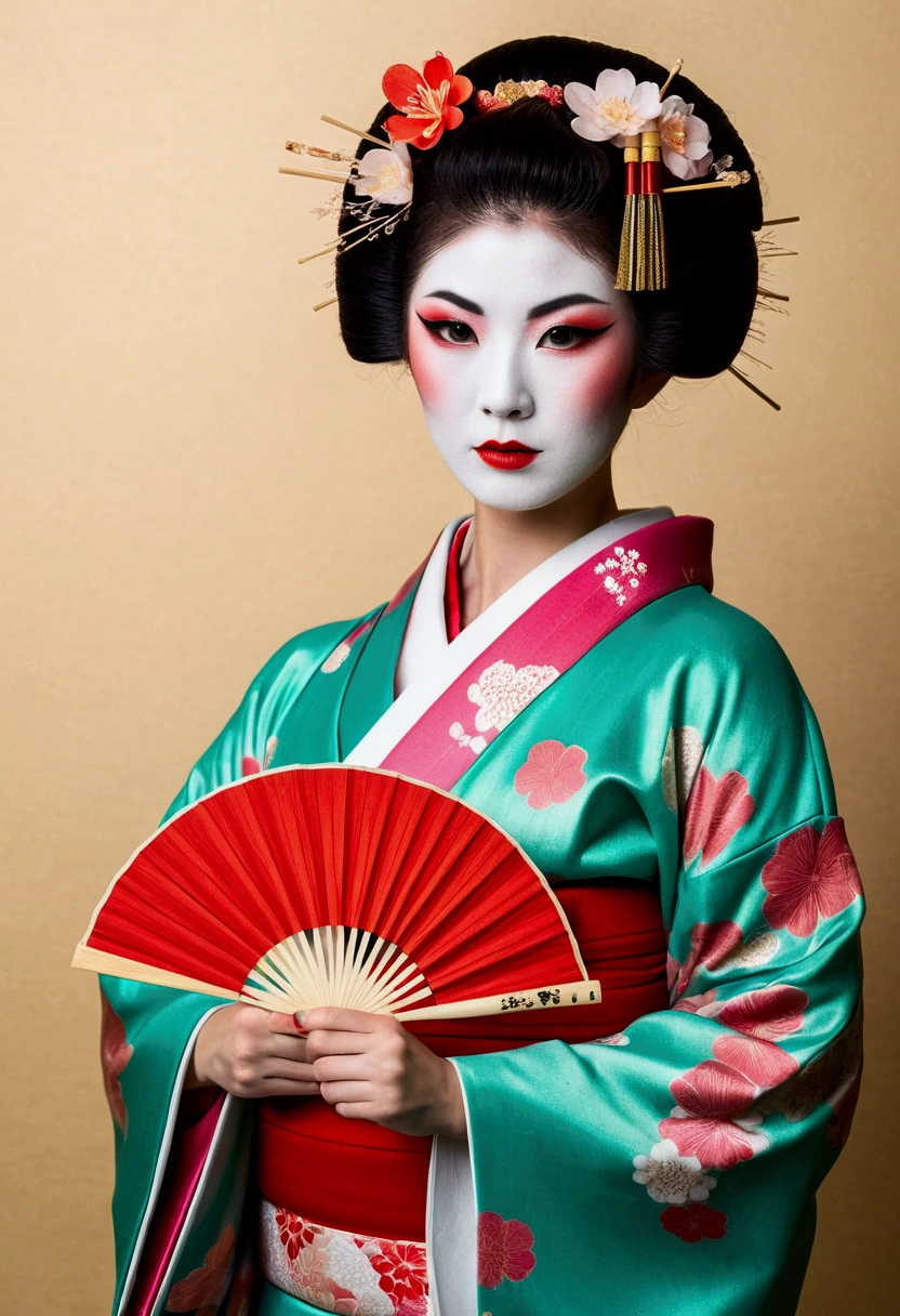 change, Leprechaun,A woman in a kimono holding a folding fan and a uchiwa fan, Traditional Japanese, Japanese style, Japanese Goddess, glamorous and sexy geisha, japanese geisha, Traditional beauty, In kimono, geisha, beauty geisha, Inspired by Fujiwara Takanobu, traditional geisha clothing, geisha makeup, organic seductive geisha, geisha make up