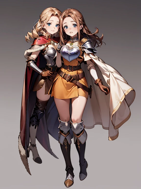 Imagine in a full-body image with full 4K quality, ultra detailed. a mature girl with a perfect curvy body, small breasts, hip bones, perfect face, beautiful blue eyes, long brown hair styled in a drill hair style. She wears a beautiful short dress in green tones in a magical girl style, a leather armor (((""heart breastplate"")), leather shoulder pad, high-heeled leather boots, leather gloves, wide belt, knee pads, elbow pads, fur cape ). She stands with her legs apart on a gray background, her expression is loving with a loving, loving smile and tender gaze looking at the viewer.