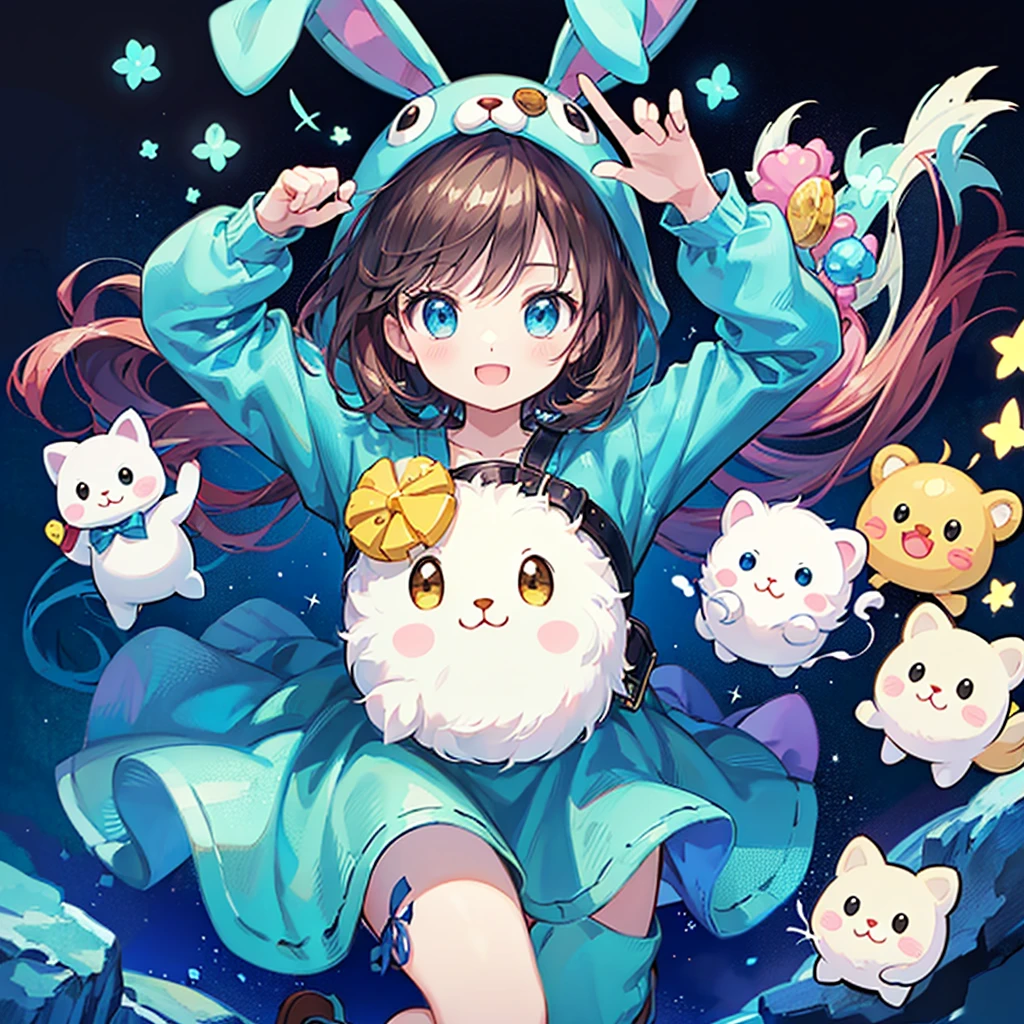 Sanrio Characters、design、score_9,score_8_Excellent,(((Highest quality、masterpiece、Official Art、Best dynamic composition、Very detailed)))、cute、Cute、cuteキャラクター、fluffy、Loose、Mascot character、A baby seal is wearing a blue rabbit costume