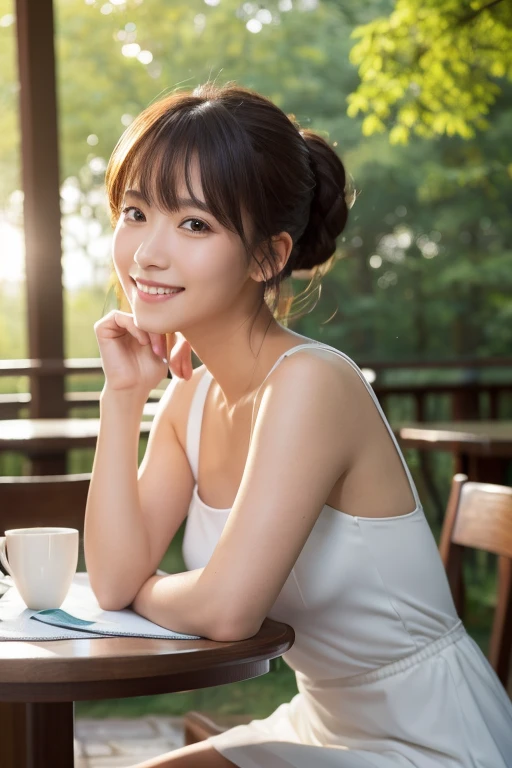 High resolution, masterpiece, Anatomically correct, High detail, High-resolution model, At an open cafe in the forest、Beautiful Japanese woman relaxing alone, Bangs, Low ponytail, Braided Ponytail, Smiling comfortably, An elegant white sleeveless dress, A dress made of thin fabric with a gradation from white to navy blue, Fresh Green Forest, Bright sunlight, The outline of her hair shines in the backlight, The reflection of the table surface provides a moderate lighting effect on the face from below, whole body, Iced tea on the table, Cinematic light effects, A refreshing image of the morning, Woody and clean furnishings, Large open cafe, field, sense of openness, forest, Highest quality, Very detailed, Ultra high definition, Soft Light, Random face orientation, Random pose
