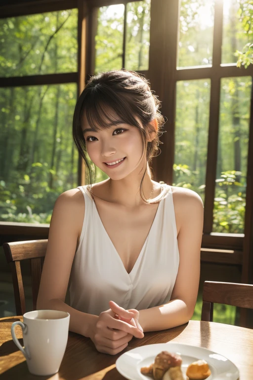 High resolution, masterpiece, Anatomically correct, High detail, High-resolution model, At an open cafe in the forest、Beautiful Japanese woman relaxing alone, Bangs, Low ponytail, Braided Ponytail, Smiling comfortably, An elegant white sleeveless dress, A dress made of thin fabric with a gradation from white to navy blue, Fresh Green Forest, Bright sunlight, The outline of her hair shines in the backlight, The reflection of the table surface provides a moderate lighting effect on the face from below, whole body, Iced tea on the table, Cinematic light effects, A refreshing image of the morning, Woody and clean furnishings, Large open cafe, field, sense of openness, forest, Highest quality, Very detailed, Ultra high definition, Soft Light, Random face orientation, Random pose