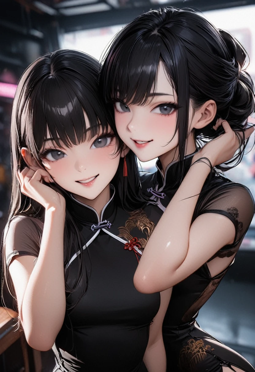 Two girls with black hair and black eyes, cyberpunk, high-quality masterpiece, high-detail half-length photo, Chinese style, wearing cheongsam, fully showing their hair, smiling at the camera