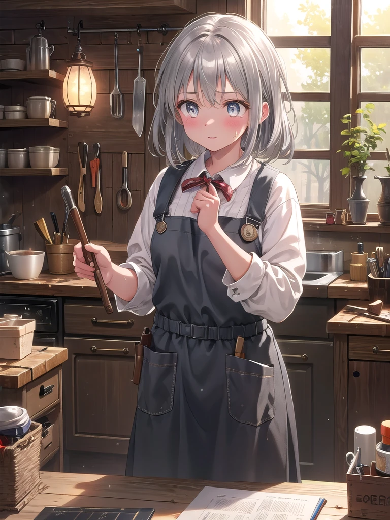 ((8k, best quality, master piece: 1.3)),super high resolution,(1 girl, solo), (colorshift eyes, hyperdetailed, expressive sparkling, glitter, glowing eyes), ultra detailed eyes, ultra-detailed face, random hair, ((silver gray color)),A female craftswoman is concentrating on her work in the workshop. In the background, a variety of tools can be seen hanging on the wall, and tools scattered on the workbench. The woman is a woodworker, and wears dirty and wrinkled brown work clothes. Small tools are tucked into the pockets of her apron, giving the impression of wear. She has a serious expression on her face as she carves wood at the workbench, and there is some sweat on her forehead. The sparkle in her eyes and her posture of concentration on what is at hand are striking. The woman is holding a carving chisel in her hand, and the texture of the well-used tool is depicted realistically. Natural light pours in through the window, softly illuminating her face and workbench, creating shadows and emphasizing the three-dimensional effect. The brown of her work clothes harmonizes with the color of the wood in the background, and the overall color palette is unified with warm colors. Her hand movements, body posture, and hair swaying are depicted realistically so that you can sense her movement. A coffee cup and a notepad are placed in the corner of the workbench, giving the impression of a realistically lived-in environment. The texture of the wood, the cold feel of the metal of the tools, and the softness of the fabric of the work clothes are depicted in detail.