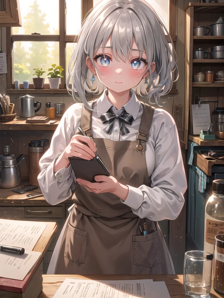 ((8k, best quality, master piece: 1.3)),super high resolution,(1 girl, solo), (colorshift eyes, hyperdetailed, expressive sparkling, glitter, glowing eyes), ultra detailed eyes, ultra-detailed face, random hair, ((silver gray color)),A female craftswoman is concentrating on her work in the workshop. In the background, a variety of tools can be seen hanging on the wall, and tools scattered on the workbench. The woman is a woodworker, and wears dirty and wrinkled brown work clothes. Small tools are tucked into the pockets of her apron, giving the impression of wear. She has a serious expression on her face as she carves wood at the workbench, and there is some sweat on her forehead. The sparkle in her eyes and her posture of concentration on what is at hand are striking. The woman is holding a carving chisel in her hand, and the texture of the well-used tool is depicted realistically. Natural light pours in through the window, softly illuminating her face and workbench, creating shadows and emphasizing the three-dimensional effect. The brown of her work clothes harmonizes with the color of the wood in the background, and the overall color palette is unified with warm colors. Her hand movements, body posture, and hair swaying are depicted realistically so that you can sense her movement. A coffee cup and a notepad are placed in the corner of the workbench, giving the impression of a realistically lived-in environment. The texture of the wood, the cold feel of the metal of the tools, and the softness of the fabric of the work clothes are depicted in detail.
