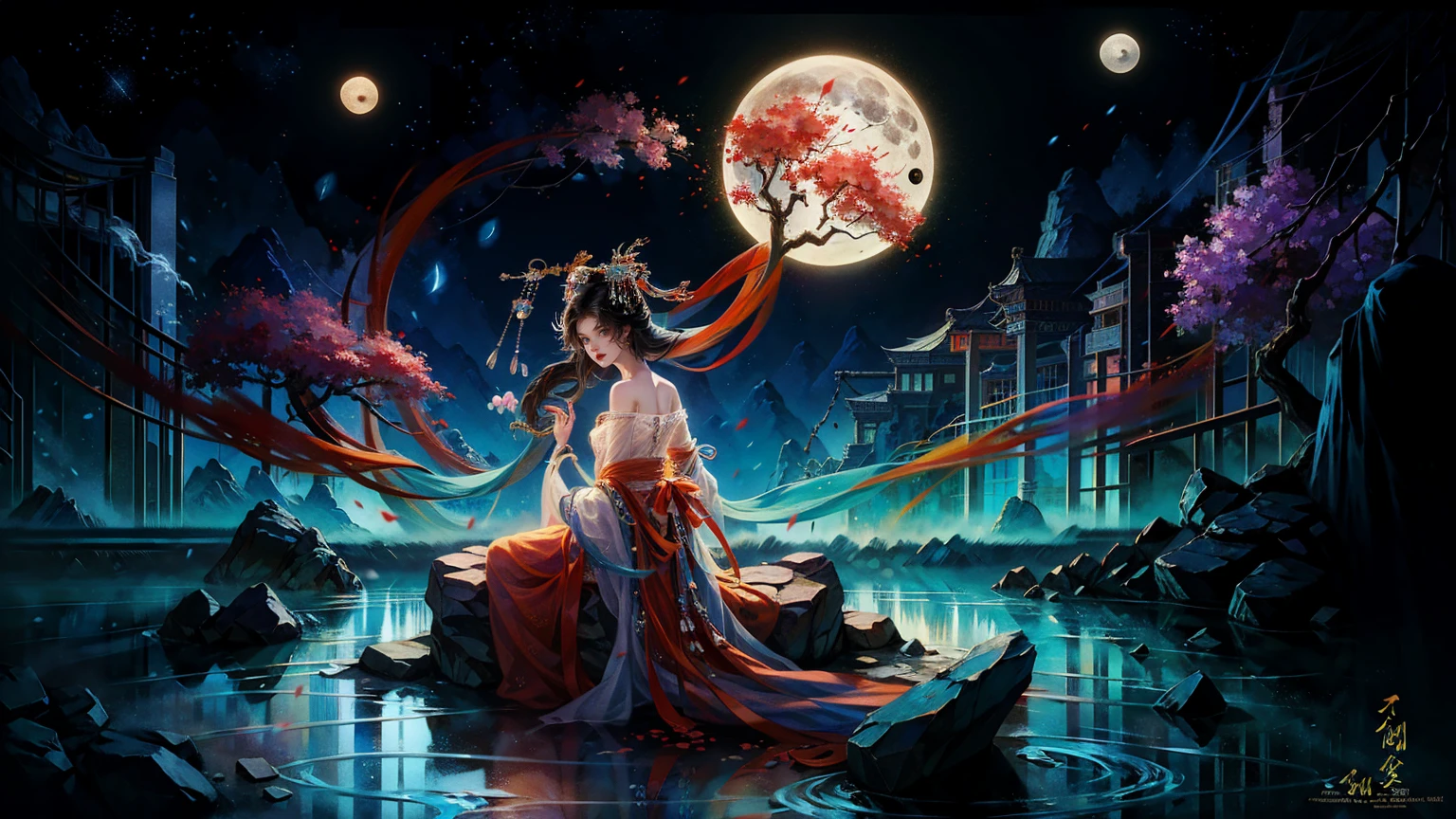 Official Art, Unity 8K wallpaper, Extremely detailed, beautiful and aesthetic, masterpiece, best quality, For the world,You may be alone,But for someone,You could be the whole world, paradox, Adrian Genius, Jenny Savile, Edward Hope, Surrealism, The Dark Arts of James Jean, Takato Yamamoto, 墨water朋克极简主义, fashion magazine, Editorial Photography, gufeng, moon, Tree, Solitary, water, flower, Branches, night, Black Hair, Back to, shawl, full moon, (1 Korean girl,Sexy facial features,Sexy fingers), in Tree, Long hair, Sky, sit, Chinese clothes, Hanfu, crescent moon, permanent, outdoor,手上有一个water晶球