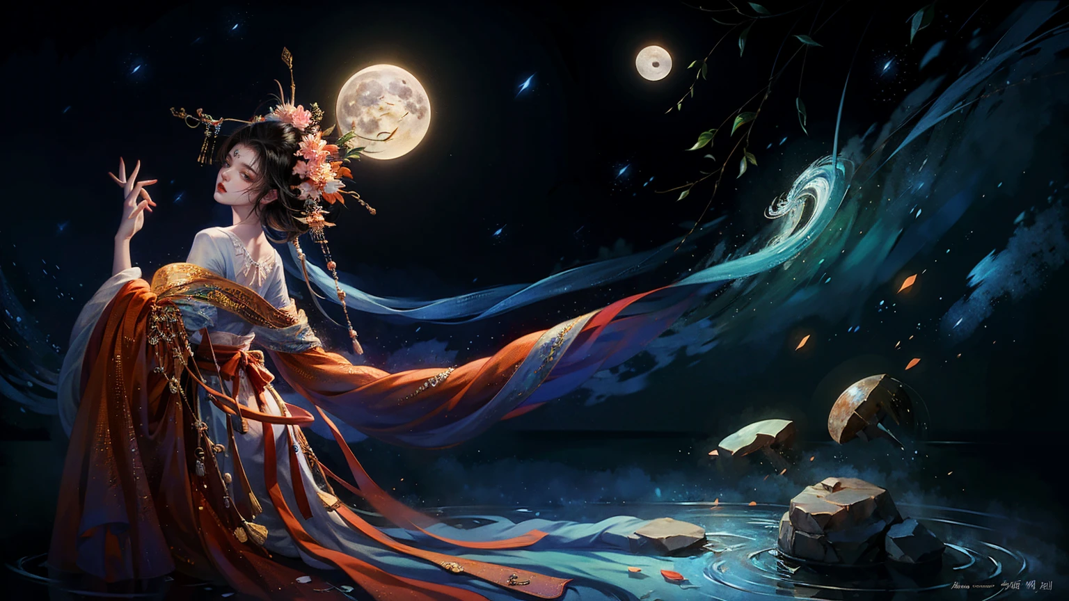 Official Art, Unity 8K wallpaper, Extremely detailed, beautiful and aesthetic, masterpiece, best quality, For the world，You may be alone，But for someone，You could be the whole world, paradox, Adrian Genius, Jenny Savile, Edward Hope, Surrealism, The Dark Arts of James Jean, Takato Yamamoto, 墨water朋克极简主义, fashion magazine, Editorial Photography, gufeng, moon, Tree, Solitary, water, flower, Branches, night, Black Hair, Back to, shawl, full moon, (1 Korean girl，Sexy facial features，Sexy fingers), in Tree, Long hair, Sky, sit, Chinese clothes, Hanfu, crescent moon, permanent, outdoor，手上有一个water晶球