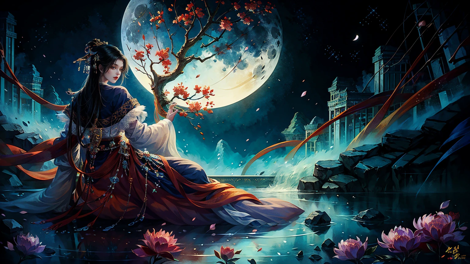 Official Art, Unity 8K wallpaper, Extremely detailed, beautiful and aesthetic, masterpiece, best quality, For the world，You may be alone，But for someone，You could be the whole world, paradox, Adrian Genius, Jenny Savile, Edward Hope, Surrealism, The Dark Arts of James Jean, Takato Yamamoto, 墨water朋克极简主义, fashion magazine, Editorial Photography, gufeng, moon, Tree, Solitary, water, flower, Branches, night, Black Hair, Back to, shawl, full moon, (1 Korean girl，Sexy facial features，Sexy fingers), in Tree, Long hair, Sky, sit, Chinese clothes, Hanfu, crescent moon, permanent, outdoor，手上有一个water晶球