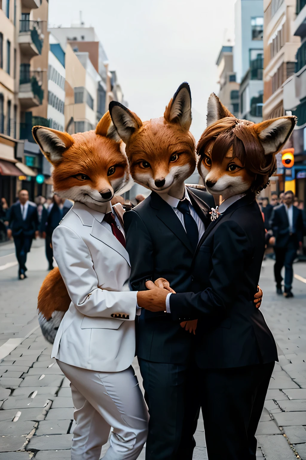 Three foxes wearing a suit. Close to each other. They smile. They have big heads, a crowded street in the background, and they are dancing.
