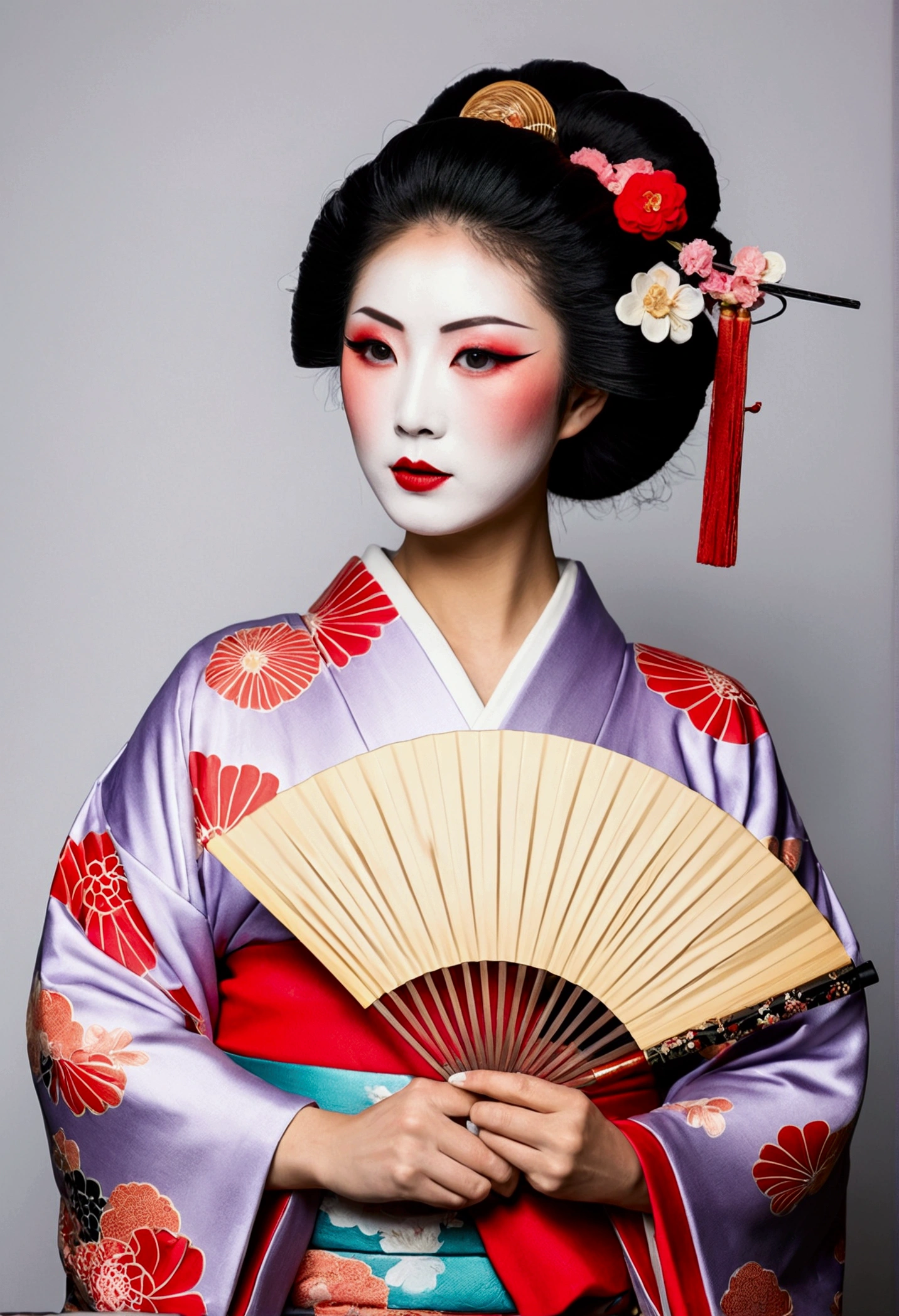 change, Leprechaun,A woman in a kimono holding a folding fan and a uchiwa fan, Traditional Japanese, Japanese style, Japanese Goddess, glamorous and sexy geisha, japanese geisha, Traditional beauty, In kimono, geisha, beauty geisha, Inspired by Fujiwara Takanobu, traditional geisha clothing, geisha makeup, organic seductive geisha, geisha make up