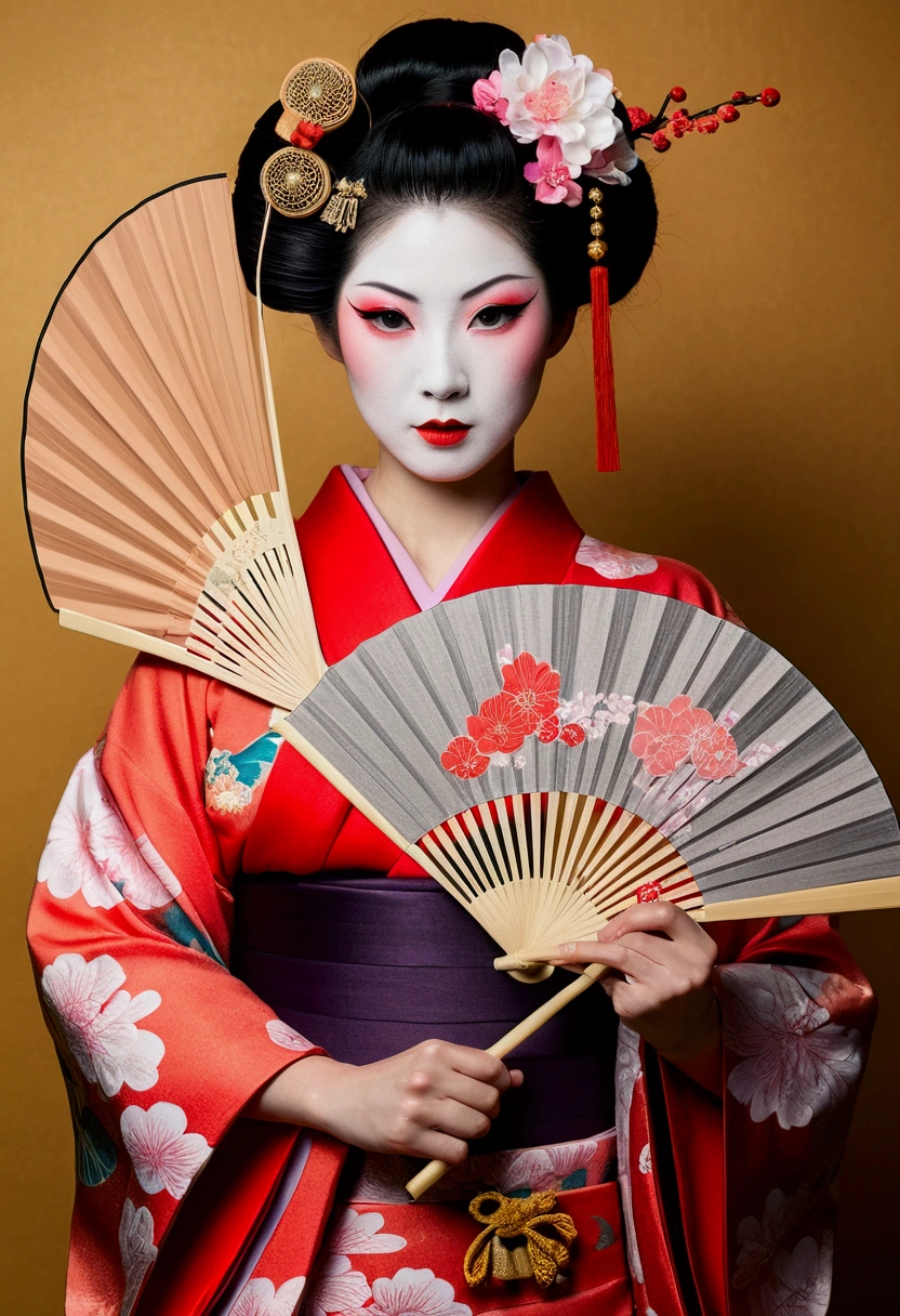 change, Leprechaun,A woman in a kimono holding a folding fan and a uchiwa fan, Traditional Japanese, Japanese style, Japanese Goddess, glamorous and sexy geisha, japanese geisha, Traditional beauty, In kimono, geisha, beauty geisha, Inspired by Fujiwara Takanobu, traditional geisha clothing, geisha makeup, organic seductive geisha, geisha make up