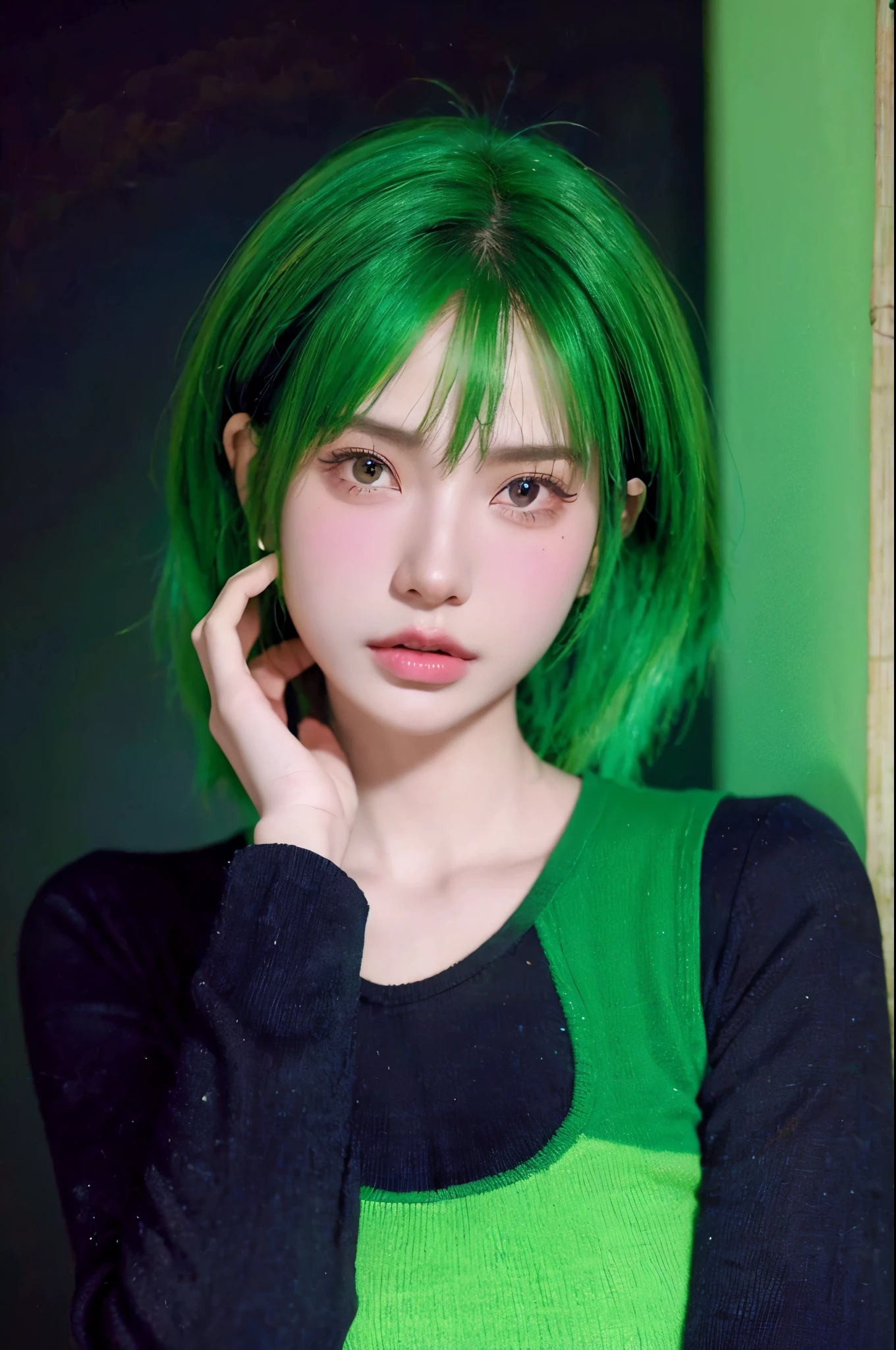 HDR, UHD, 64K, nokiapretty, sweather, black background, greenhair