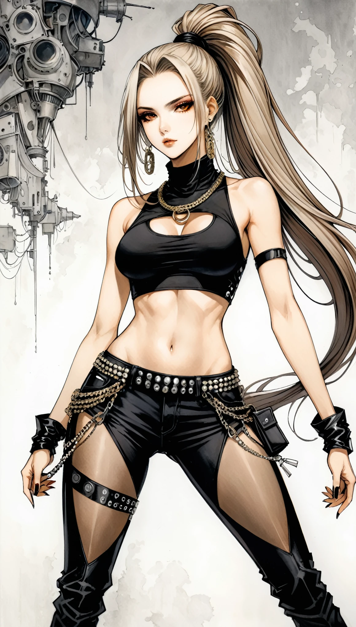 in style of Santiago Caruso,in style of Mike Azevedo,1girl,Hip-hop style costumes,High Ponytail,Unbelievably long hair,cowboy shot,,looking at viewer