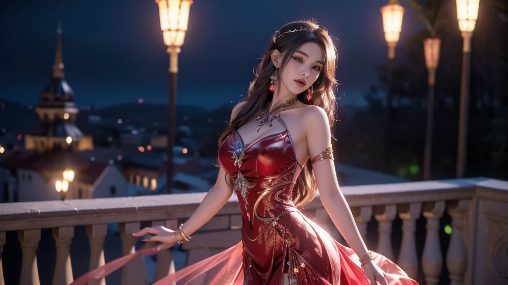 8K, UHD, MAsterpiece, best quality, 1 girl, deatiled face, happy pace, very long hair, perfect breasts, decorated dress, very beautiful ornaments dress, red color, lace, sardine, loops, legendary night balcony, depth of field, cinematic lighting, chromatic aberration, motion blur, glowing light, god rays, ray tracing, reflection light, backlighting, navel, upper body,