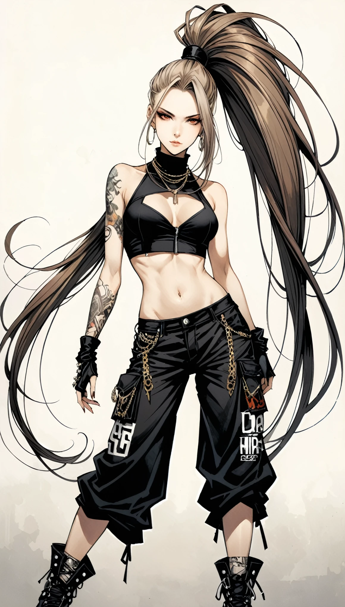 in style of Santiago Caruso,in style of Mike Azevedo，1girl，Hip-hop style costumes，High Ponytail，Unbelievably long hair，cowboy shot,,looking at viewer