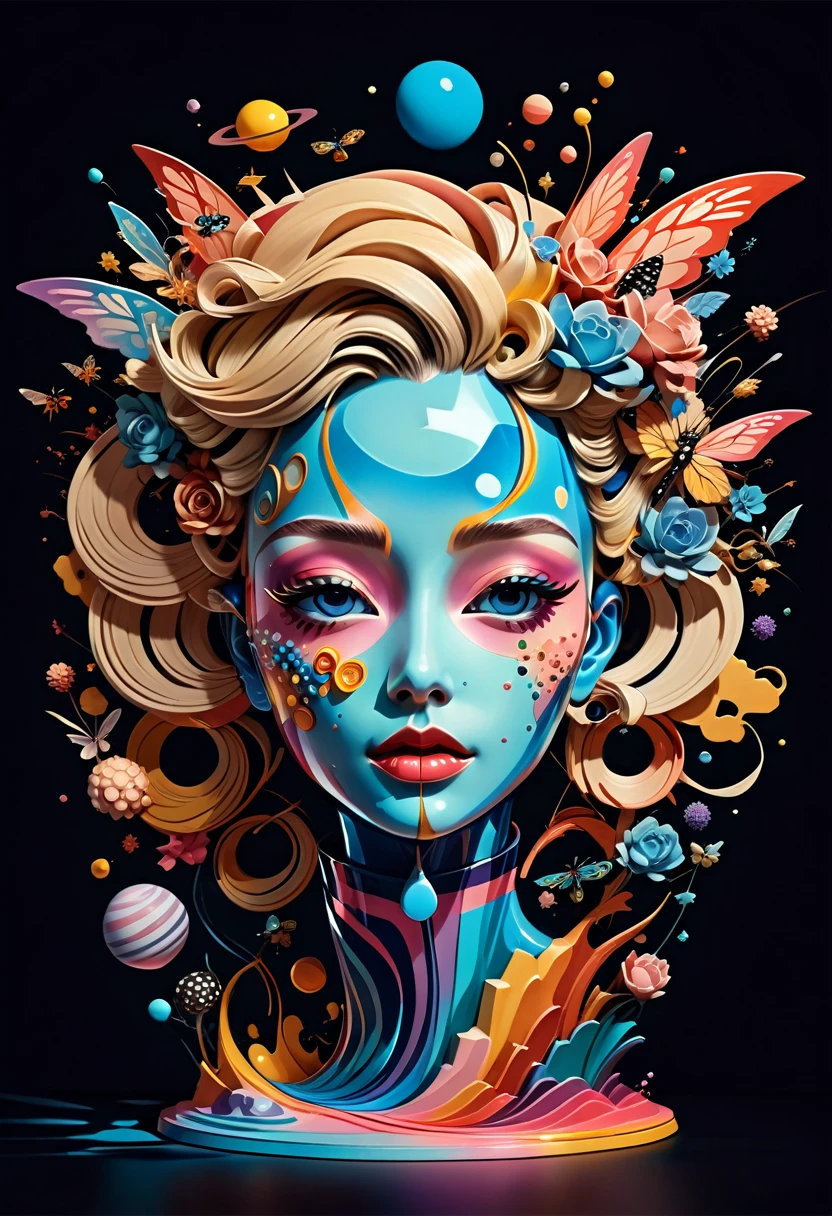 3D mask with various ordinary objects on it,blonde hair with pointed ends,texture, intricate, ornate, shadow, soft colors, 3D, mask, very detailed, decorative style, Tim Burton, Salvador Dali, Xiaolong Cheng, Cyril Rolando, inspired by J. D. Lariat, 3D stereoscopic，pop color style, Photo photo portrait surrounded by orbiting planetary satellites, blonde spiky hair, make me jealous, Mark Leyden, Alberto Seveso, brook shade, Anna Dietman, Flora Borcy, 8k resolution, perfect composition, Milky Way, rainbow colors, flying insects, scales, wing, blue, texture, complicated, Gorgeous, shadow, pastel colors,mask， 3d, Very detailed, Deco, tim burton, Dale Chihuly, Xiaolongcheng, Cyril Rolando, by J. Jitter，flowery head is empty，artwork，display stand，sculpture