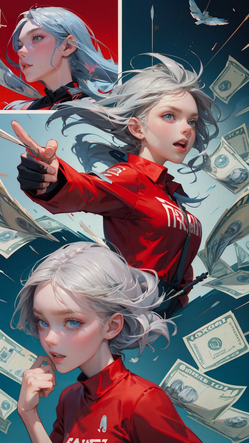 create comic strip with girl screaming in pain, wearing red shirt and grey hair looking at trading chart showing blue up arrow going towards the sky multiple poses and expressions, surrounded by money flying around him, comic style