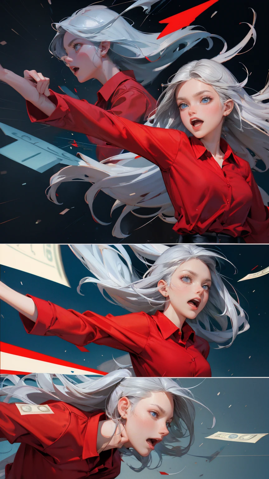 create comic strip with girl screaming in pain, wearing red shirt and grey hair looking at trading chart showing blue up arrow going towards the sky multiple poses and expressions, surrounded by money flying around him, comic style