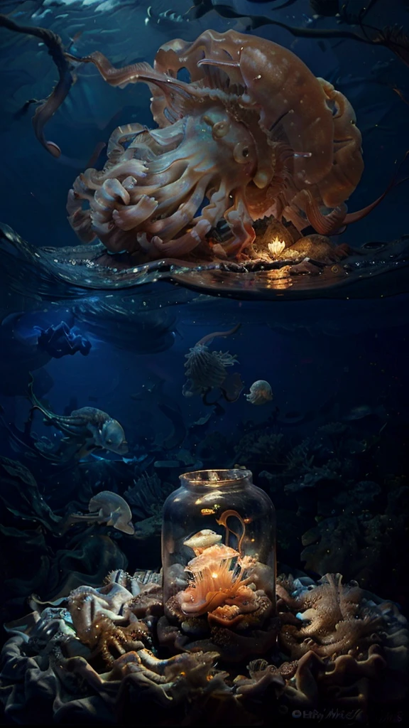 close up, realistic photo of the deep sea, underwater, night time, moonlight, (glowing jellyfish:1.1), phosphorescent, (masterpiece:1.1), (best quality:1.1), beautiful, (intricate details), unity 8k wallpaper, ultra detailed, aesthetic, romantic lighting, candles, lighting, candid photo,  