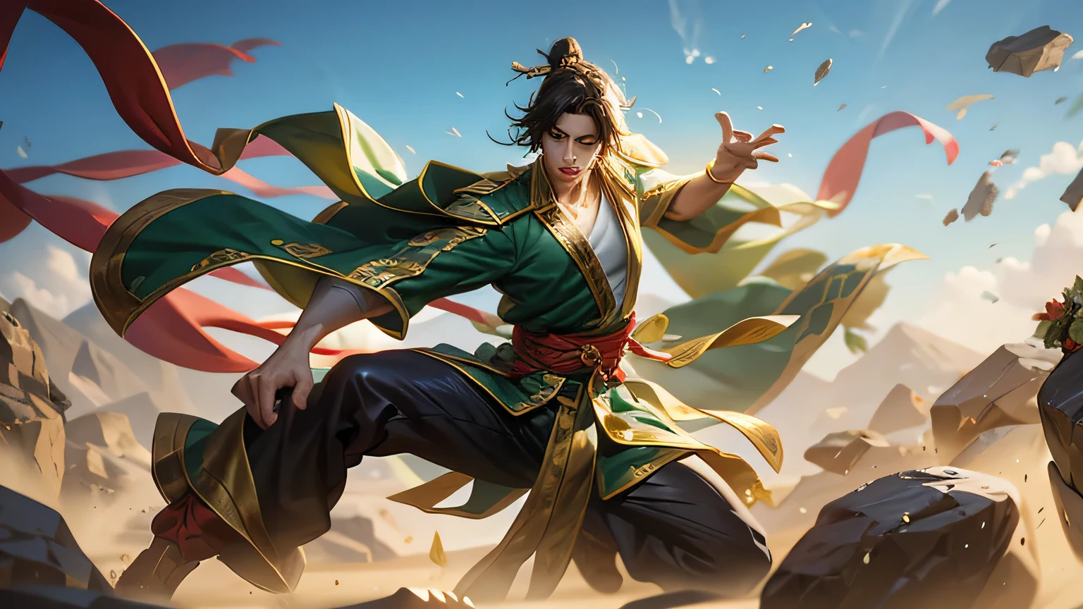 Chinese fighter，Male Characters，Surrounded by a Gobi Desert，Floating rocks around