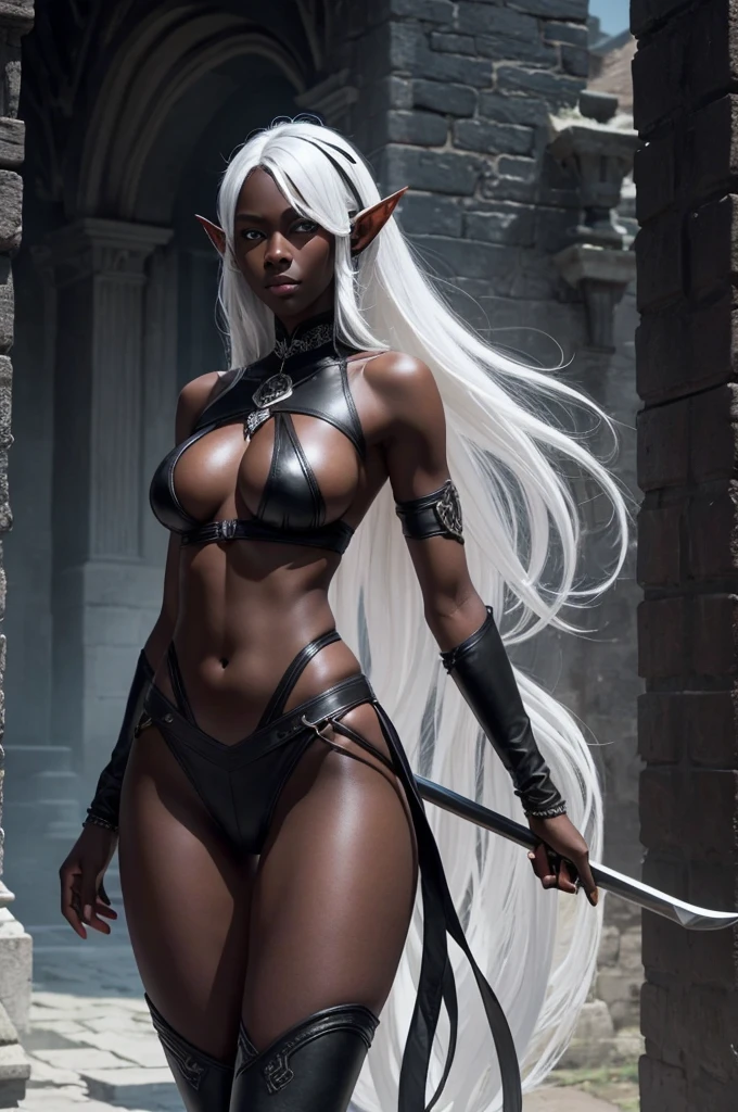 ((best quality)), ((masterpiece)),((detailed)), drow, dark elf, woman with white hair, red pupils, very dark skin, dark skin, black skin, ((very black skin)), focus on face, eighteen years old, sexy, sensual, long legs, athletic body, well-toned body, skinny body, fullbody, large breasts, open neckline, leather black armor, skinny thighs, medium hair, long eyelashes, elf ears, black colored skin, sunny medieval town