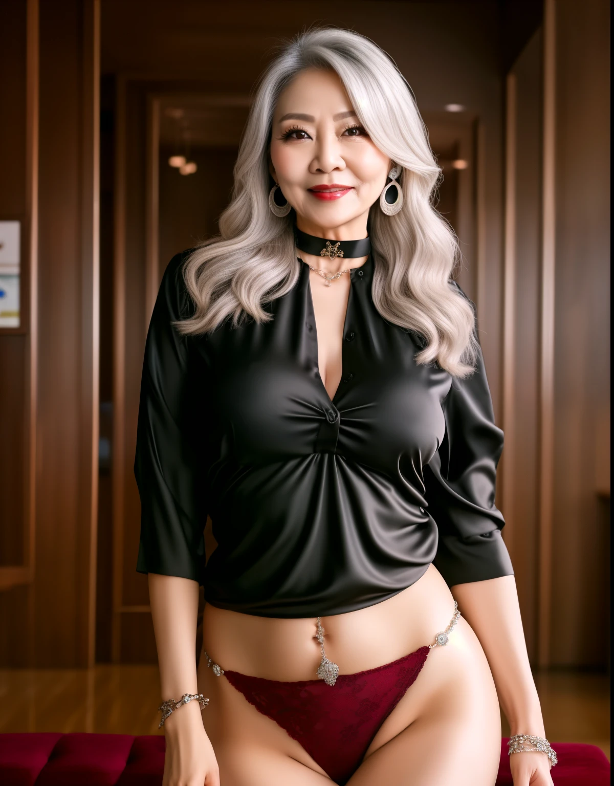 75 years old　mom　milf　Korean, Lady　large earring　Big choker　navel piercing decoration　A bracelet　Silver Hair　realisitic　Gorgeous Madame Beautiful Mature Woman　sexly　Smile　Gentle woman navel piercing　４K　High quality gorgeous madam beautiful mature woman